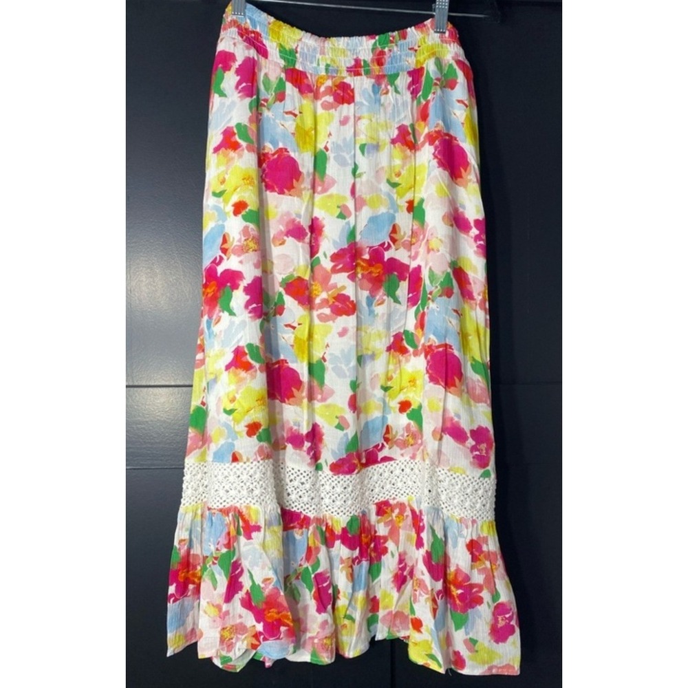 Juicy couture nwt L colorful floral maxi crochet skirt vacation travel prairie